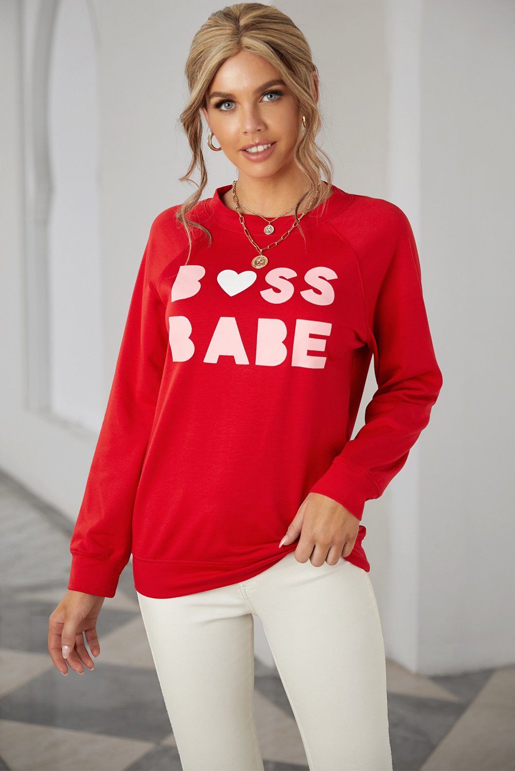 A stylish Crew Neck Letter Print Valentine Sweatshirt featuring a playful cartoon letter design, perfect for casual wear.