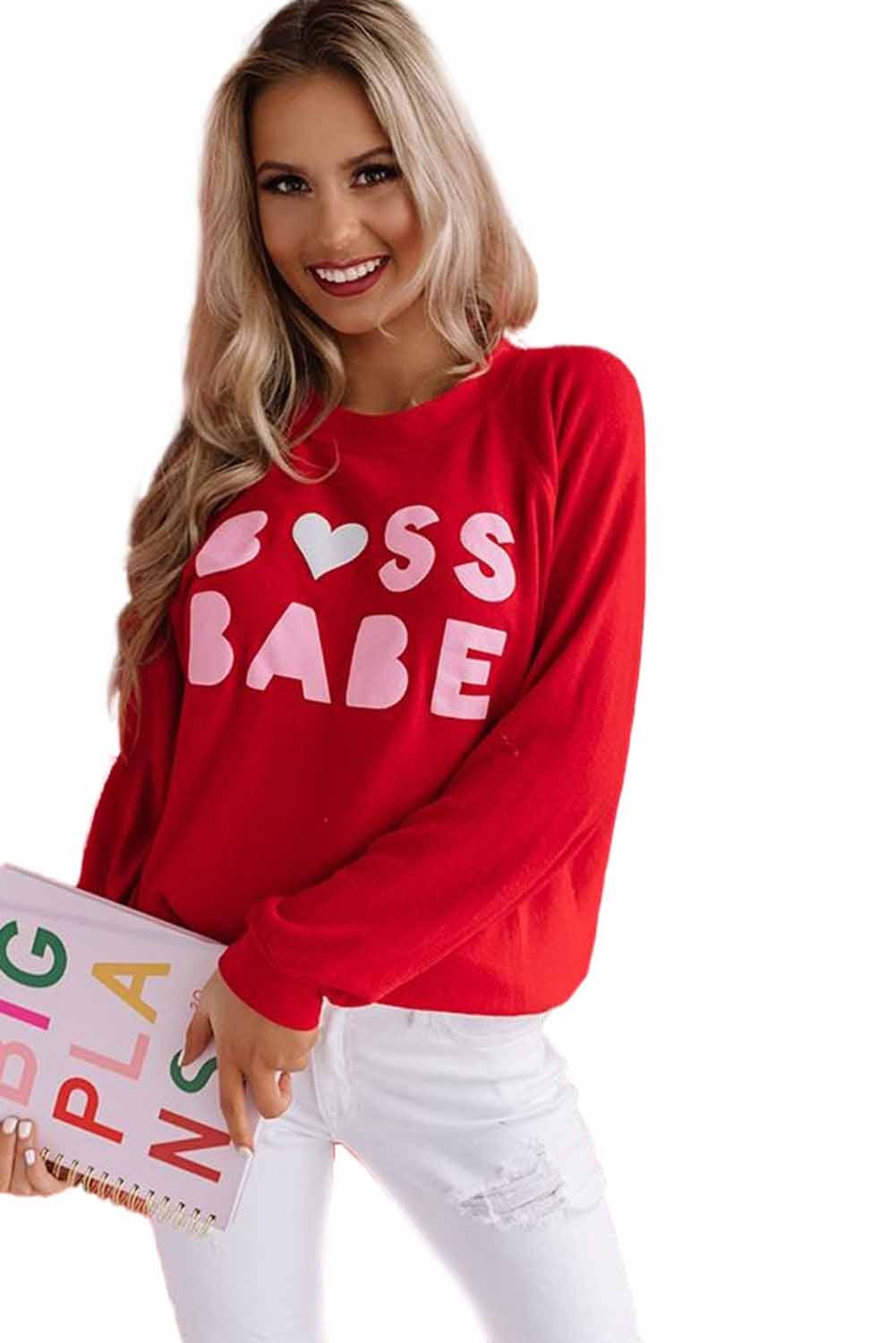 A stylish Crew Neck Letter Print Valentine Sweatshirt featuring a playful cartoon letter design, perfect for casual wear.