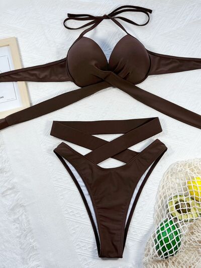 Crisscross Halter Neck Bikini Set featuring ruched design and removable padding, perfect for beach outings.