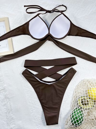 Crisscross Halter Neck Bikini Set featuring ruched design and removable padding, perfect for beach outings.