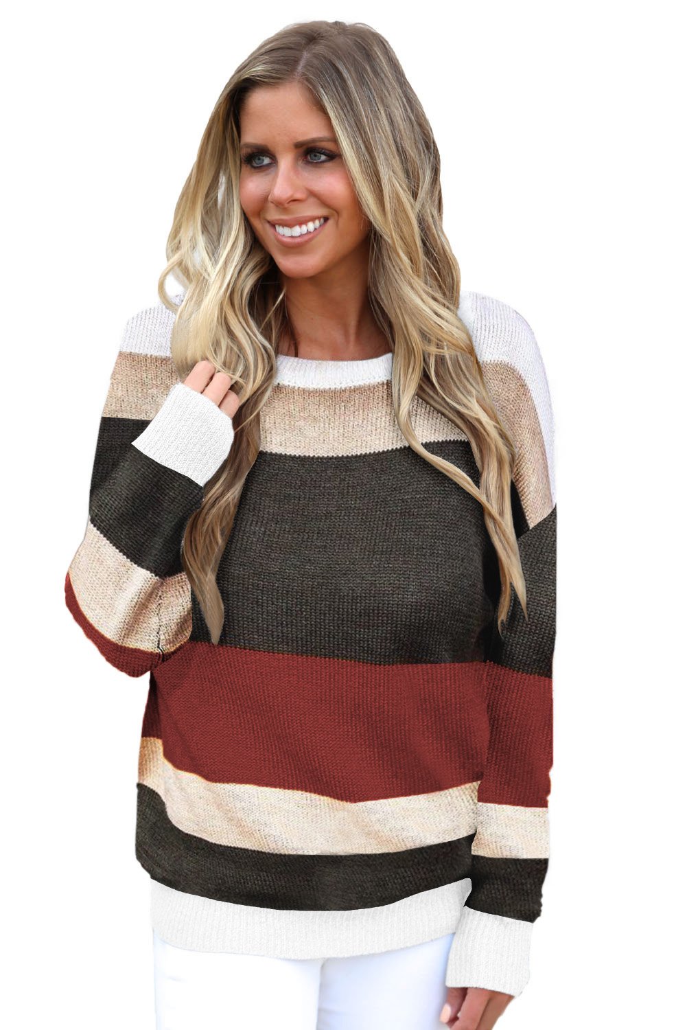 A stylish Crisscross V Back Hollow-out Knit Sweater featuring a unique back design and colorblock pattern, perfect for casual and chic outfits.