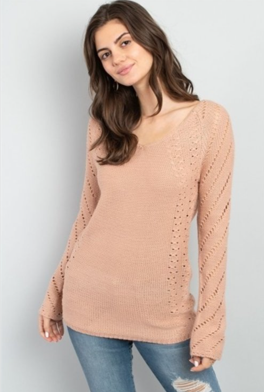 A stylish Crochet Detail Sweater featuring long sleeves, a v-neck, and intricate crochet knit details, perfect for casual and formal wear.