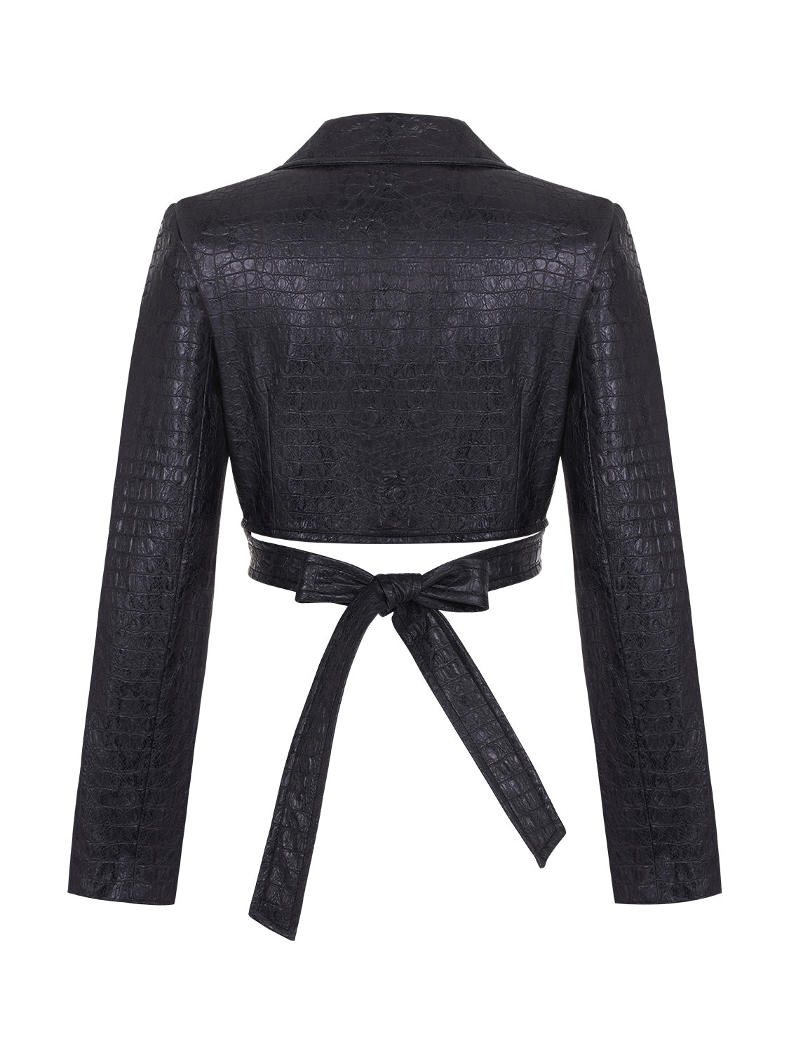 Crocodile Crop Jacket with Belt featuring faux leather and double-breasted closure, styled on a mannequin.