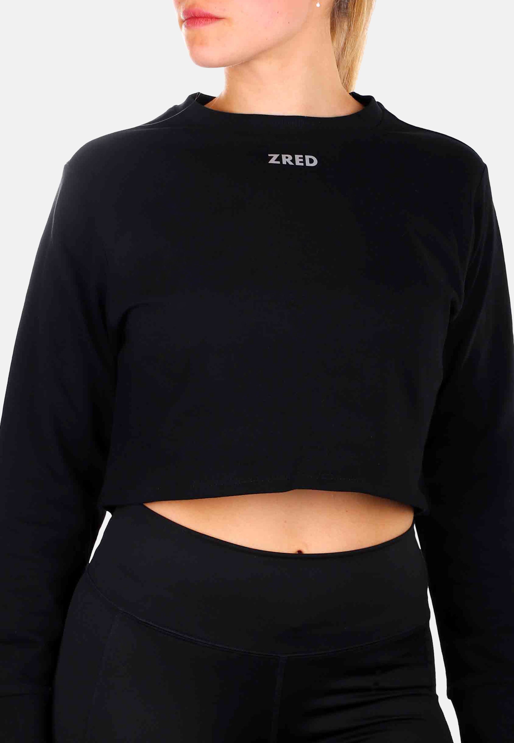 Black Crop Hoodie ICON for women featuring a reflective ZRED logo, perfect for casual outfits.