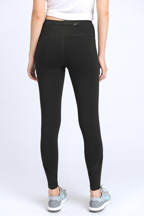 A pair of stylish black cross mesh leggings featuring slanted mesh panels and a zipper pocket on the back.