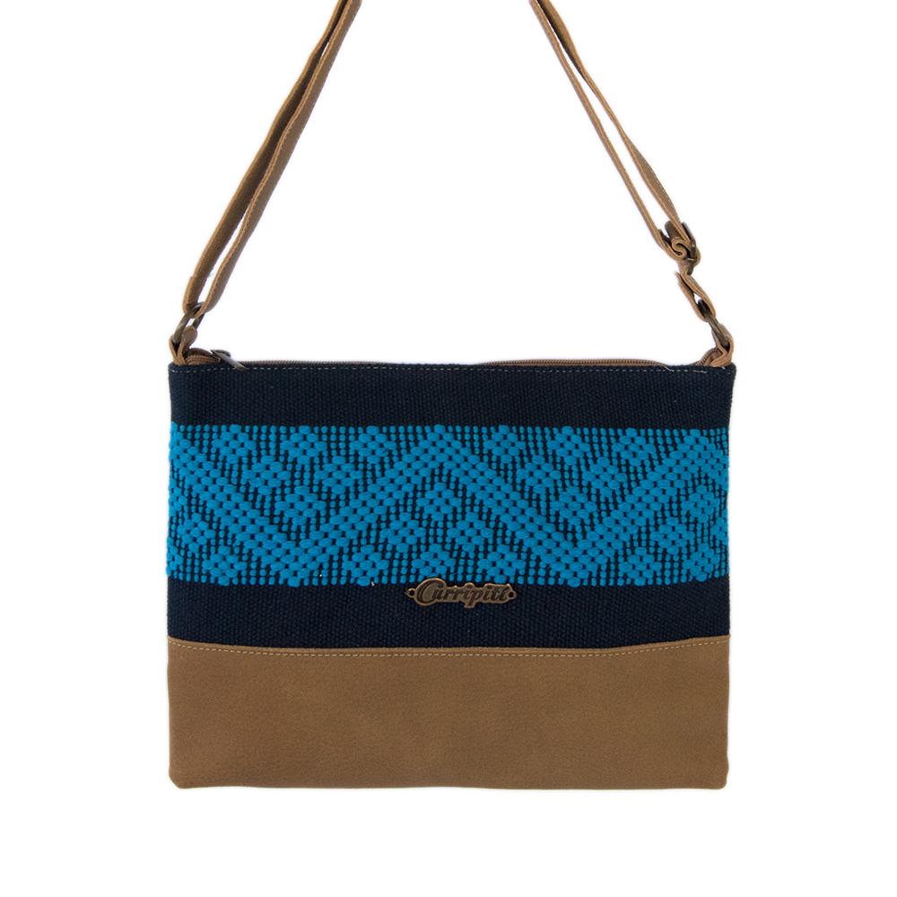 Stylish camel leather cross-body bag with blue stripe, featuring a zipper closure and adjustable strap.