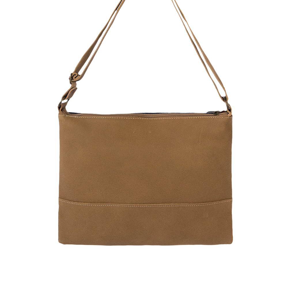 Stylish camel leather cross-body bag with blue stripe, featuring a zipper closure and adjustable strap.