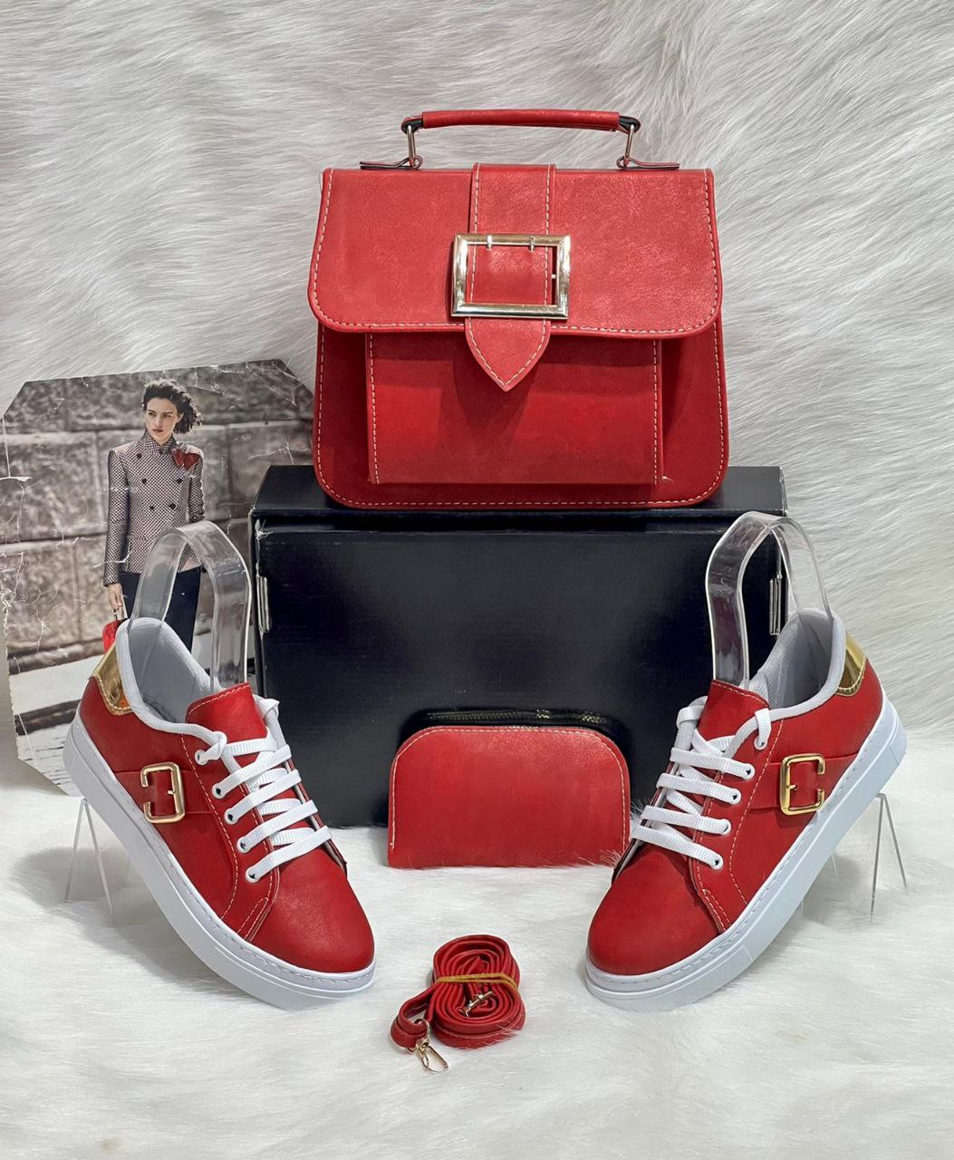 A stylish crossbody bag, trendy sneakers, and matching wallet set in PU leather, showcasing a modern and chic design.