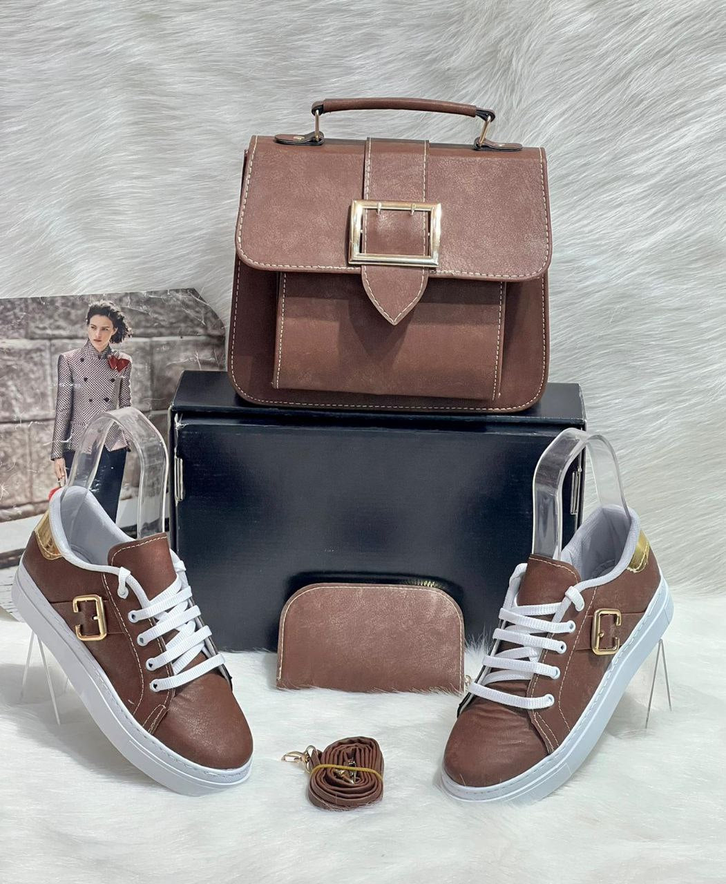 A stylish crossbody bag, trendy sneakers, and matching wallet set in PU leather, showcasing a modern and chic design.