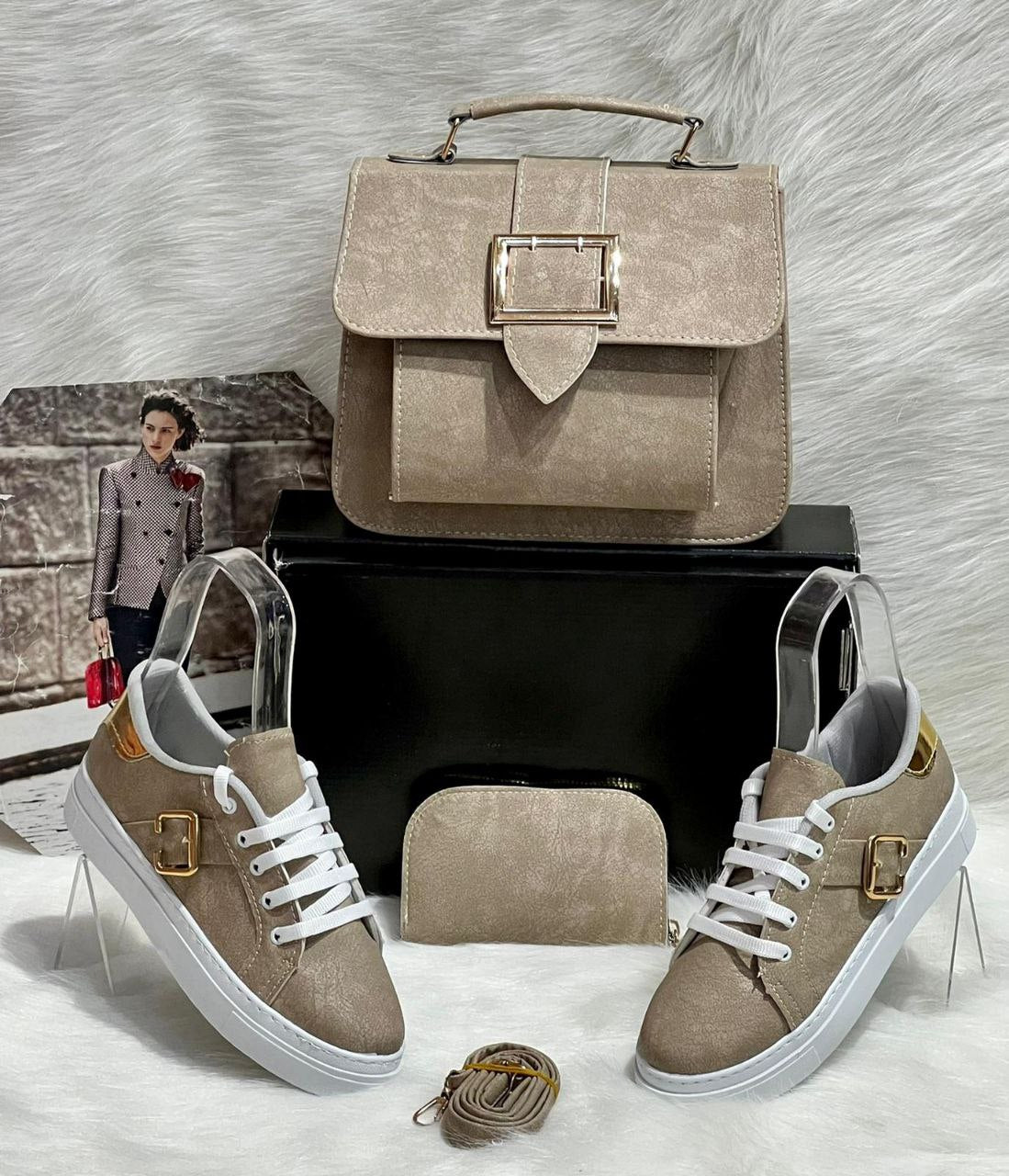 A stylish crossbody bag, trendy sneakers, and matching wallet set in PU leather, showcasing a modern and chic design.