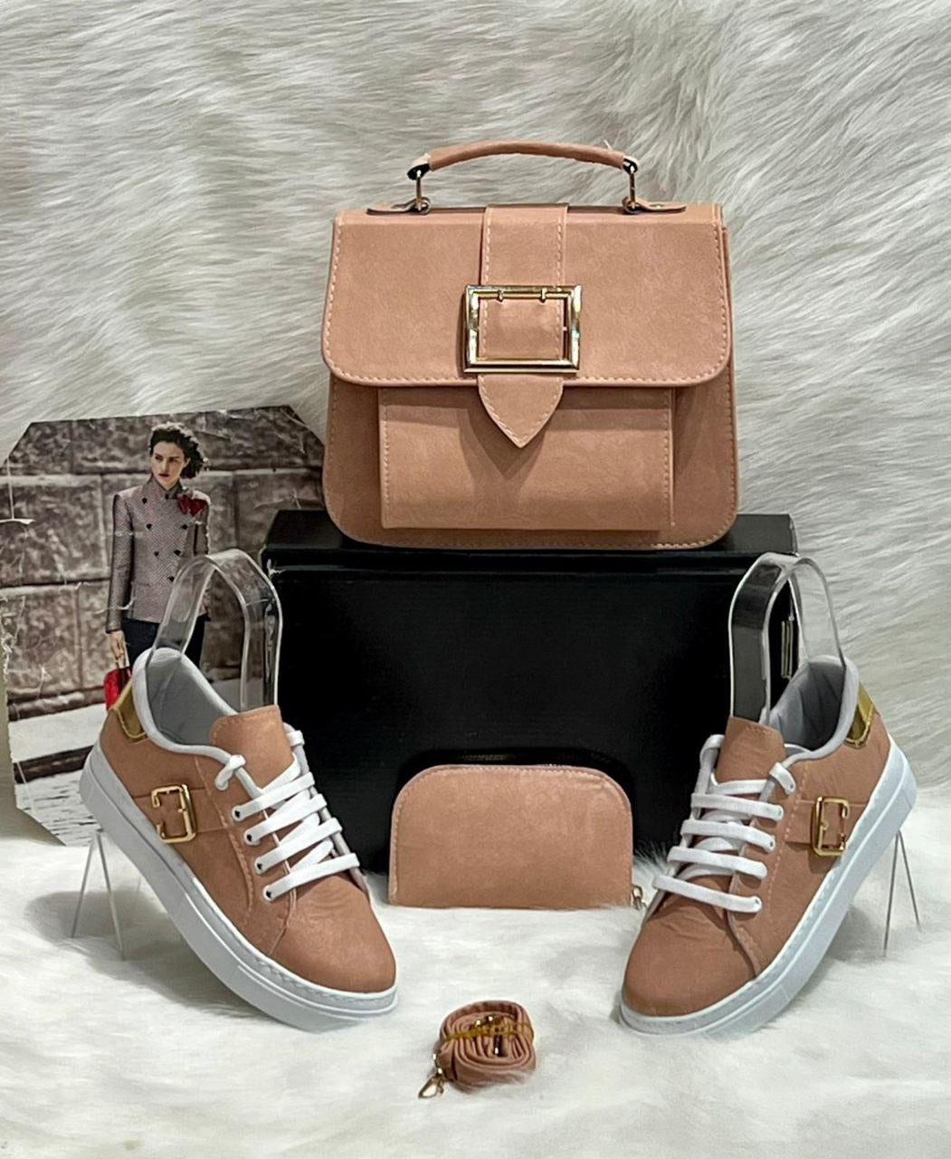 A stylish crossbody bag, trendy sneakers, and matching wallet set in PU leather, showcasing a modern and chic design.