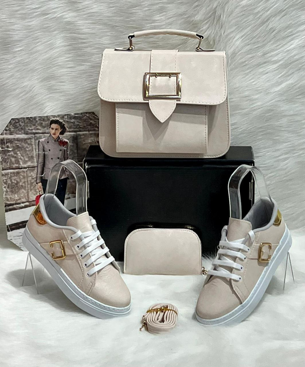 A stylish crossbody bag, trendy sneakers, and matching wallet set in PU leather, showcasing a modern and chic design.