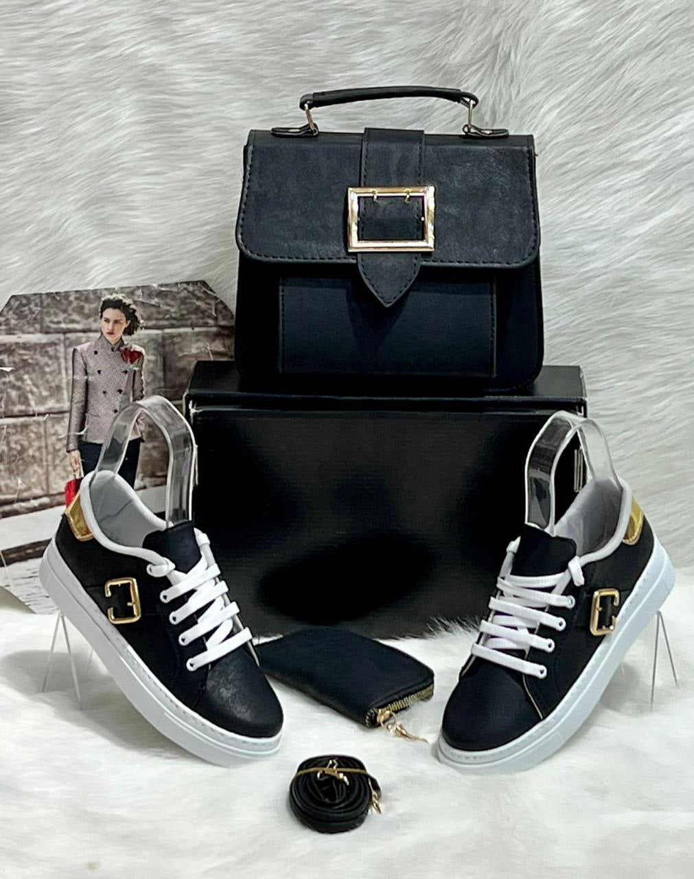 A stylish crossbody bag, trendy sneakers, and matching wallet set in PU leather, showcasing a modern and chic design.