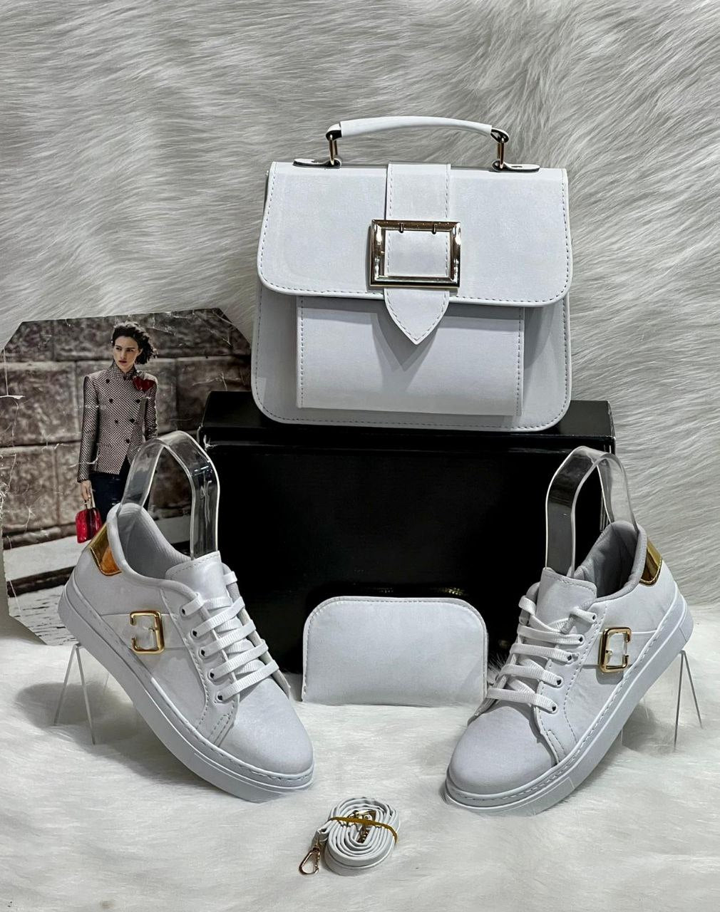 A stylish crossbody bag, trendy sneakers, and matching wallet set in PU leather, showcasing a modern and chic design.