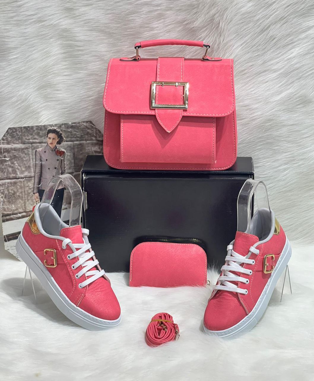 A stylish crossbody bag, trendy sneakers, and matching wallet set in PU leather, showcasing a modern and chic design.