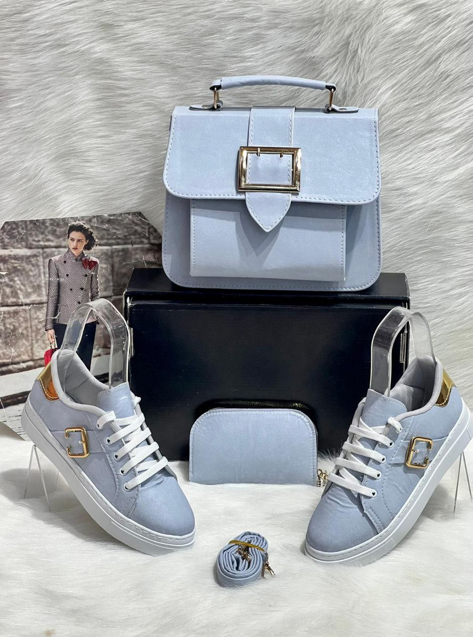 A stylish crossbody bag, trendy sneakers, and matching wallet set in PU leather, showcasing a modern and chic design.