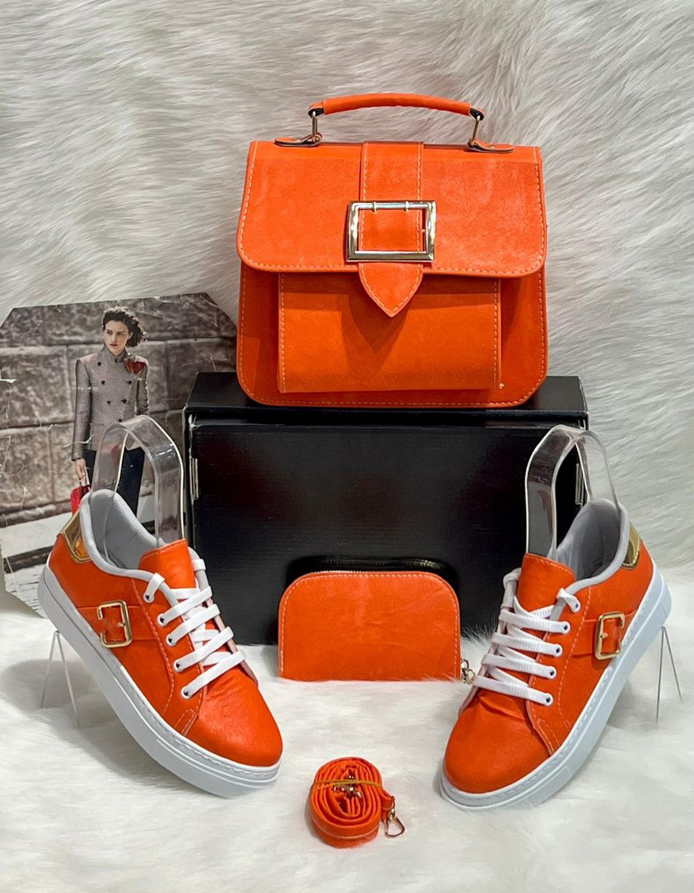 A stylish crossbody bag, trendy sneakers, and matching wallet set in PU leather, showcasing a modern and chic design.