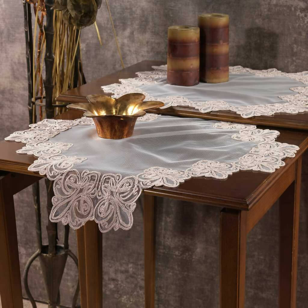 Crown Living Set featuring embroidered tulle lace napkins and runners in elegant pink color, perfect for dining room decor.