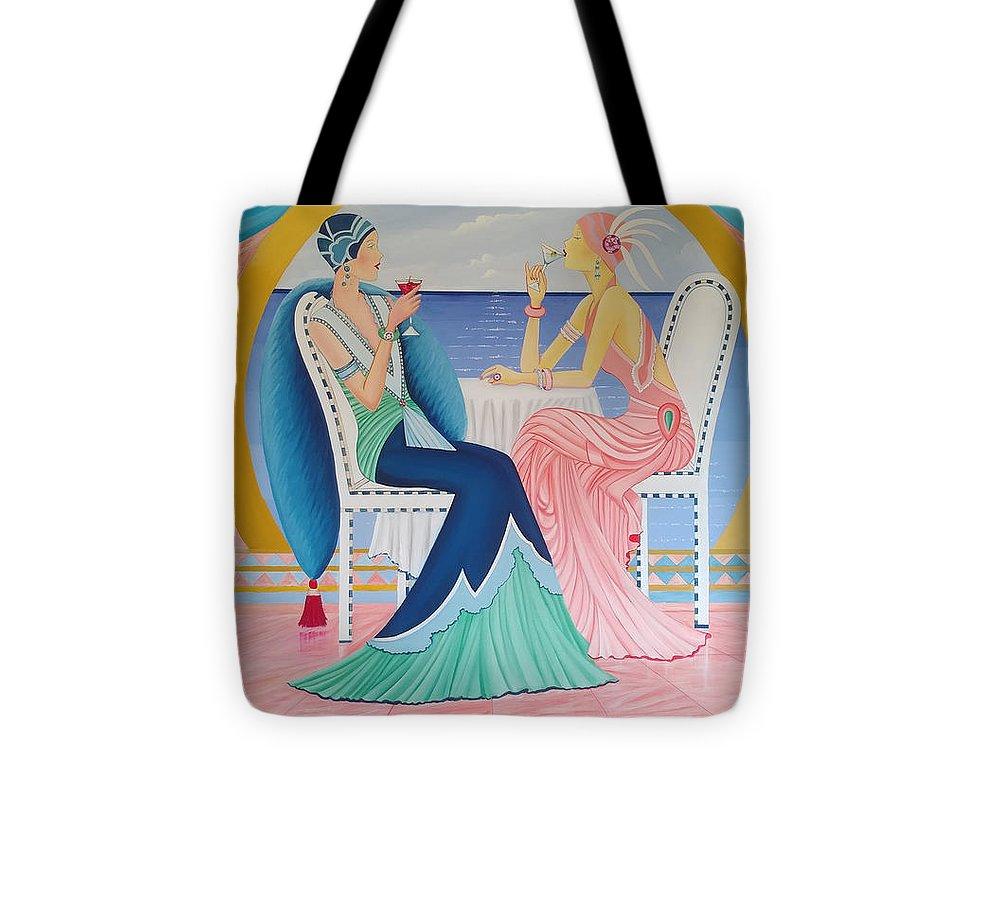 Cruising Tote Bag made from durable poly-poplin fabric with a black strap, featuring a vibrant printed design on both sides.