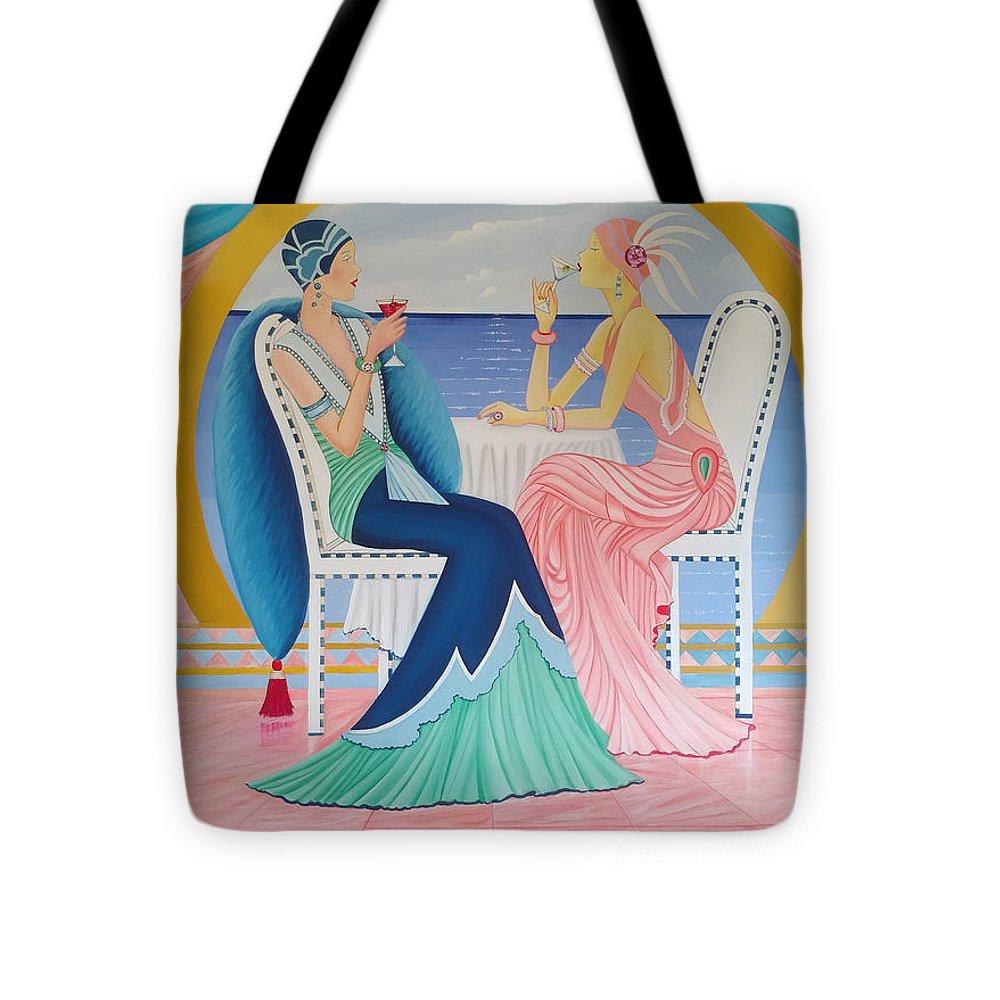 Cruising Tote Bag made from durable poly-poplin fabric with a black strap, featuring a vibrant printed design on both sides.