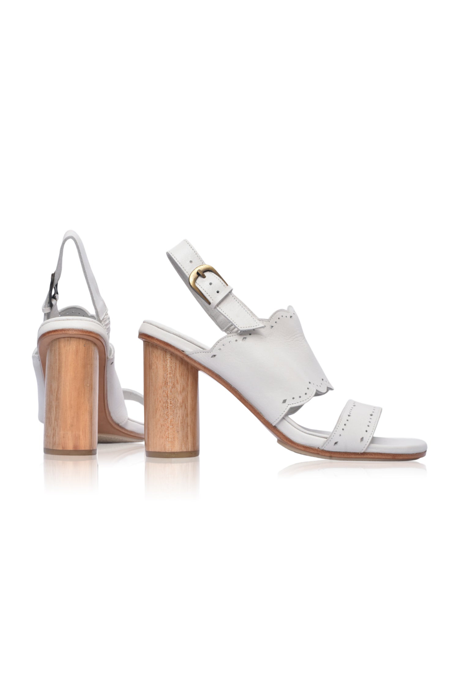 Elegant Crystal Glow leather heels with scalloped edges and a wooden heel, perfect for weddings.