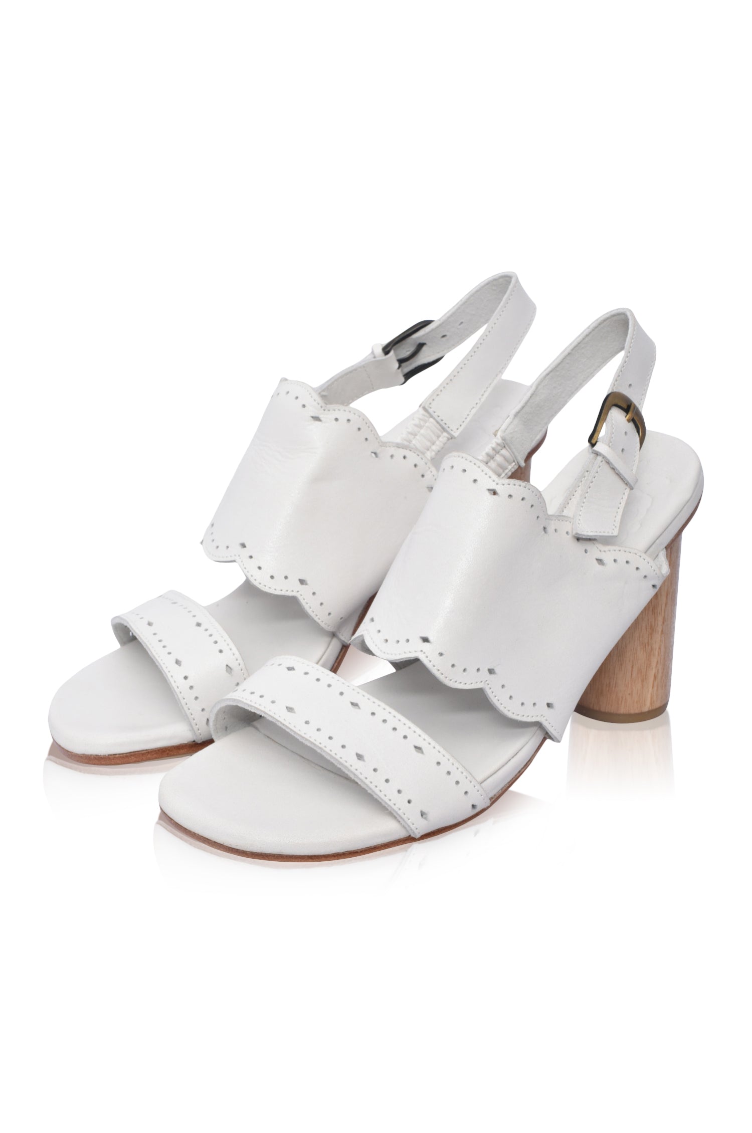 Elegant Crystal Glow leather heels with scalloped edges and a wooden heel, perfect for weddings.