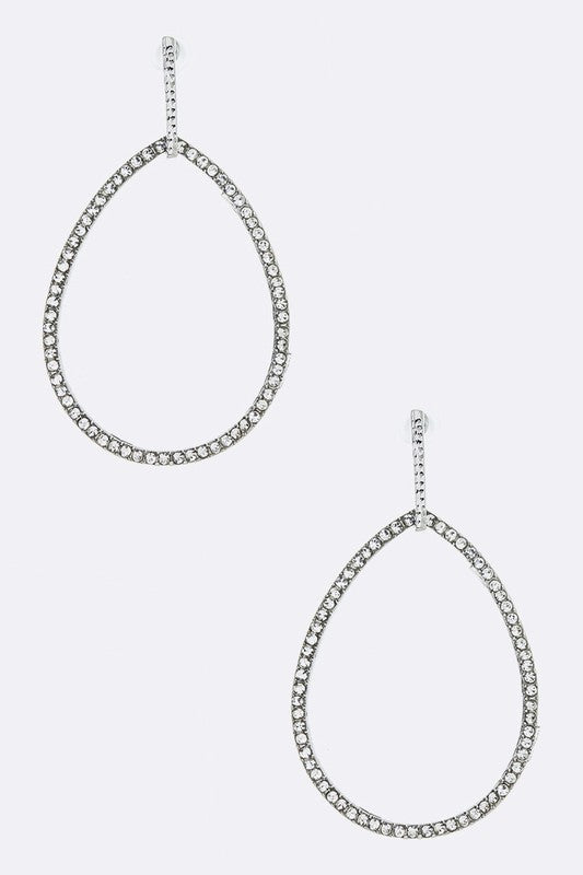 Elegant Crystal Pave Teardrop Hoop Earrings with a 2-inch drop, featuring sparkling crystals in a stylish teardrop design.