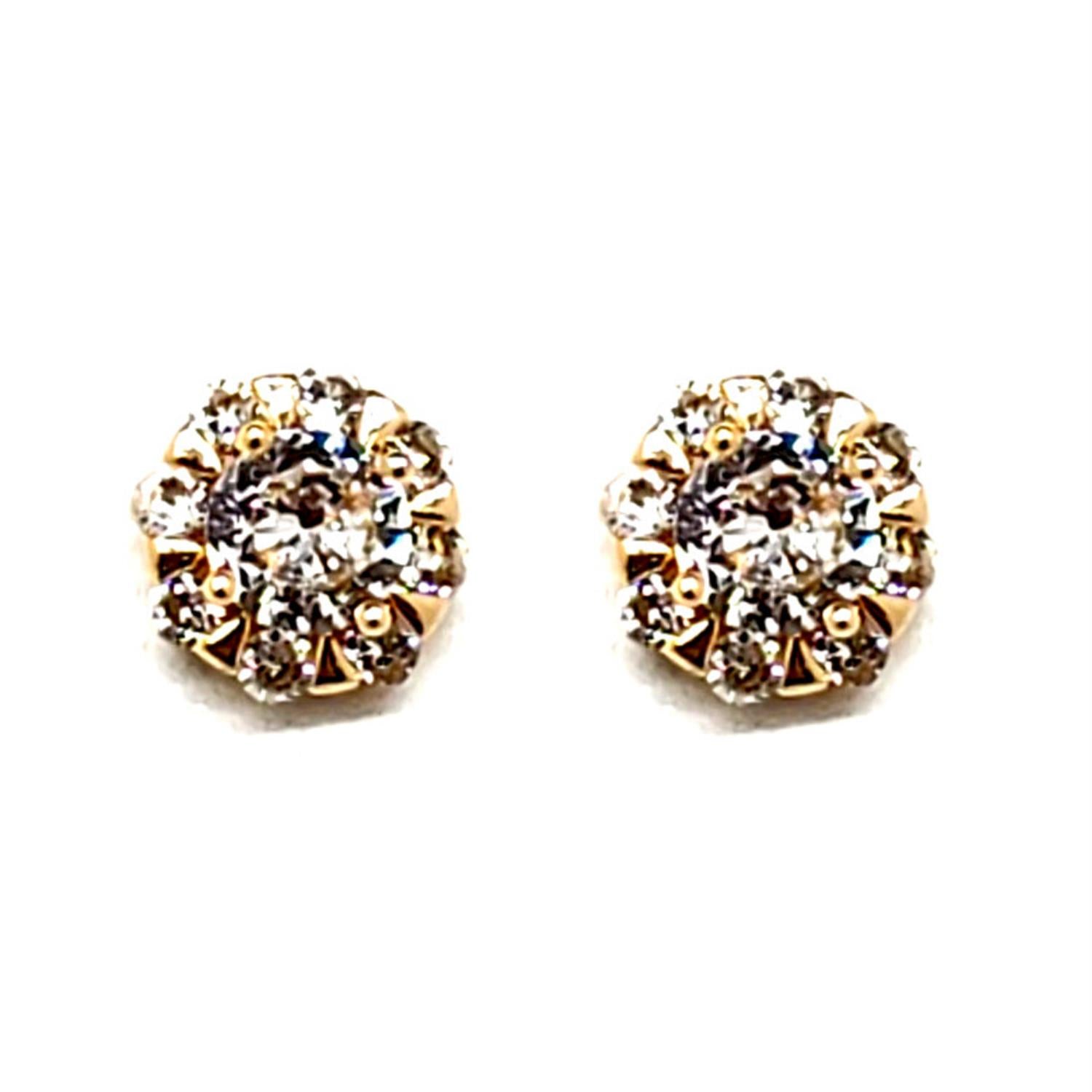 A pair of elegant crystal stud earrings in gold and silver, showcasing their sparkling design and lightweight structure.