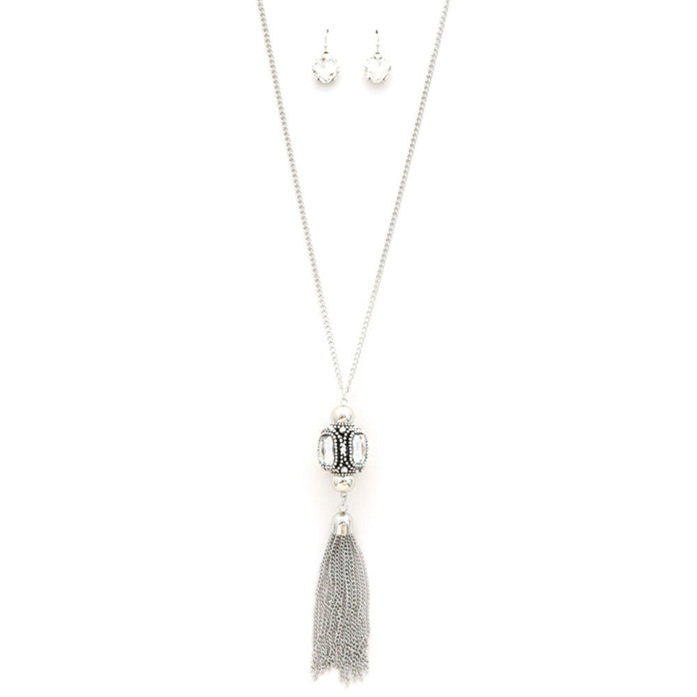 Cube Rhinestone Chain Tassel Necklace featuring a sparkling cube pendant and chic chain tassel in Silver finish.