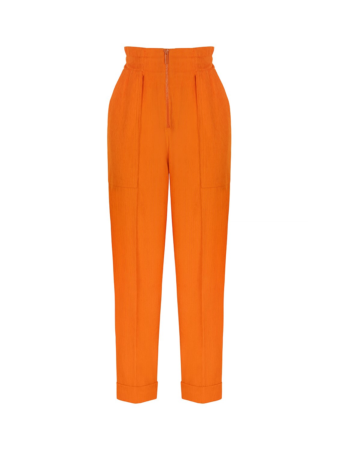 A pair of stylish cuffed corduroy pants in vibrant orange, pink, and blue colors, featuring a high-waisted design and elastic waistband.