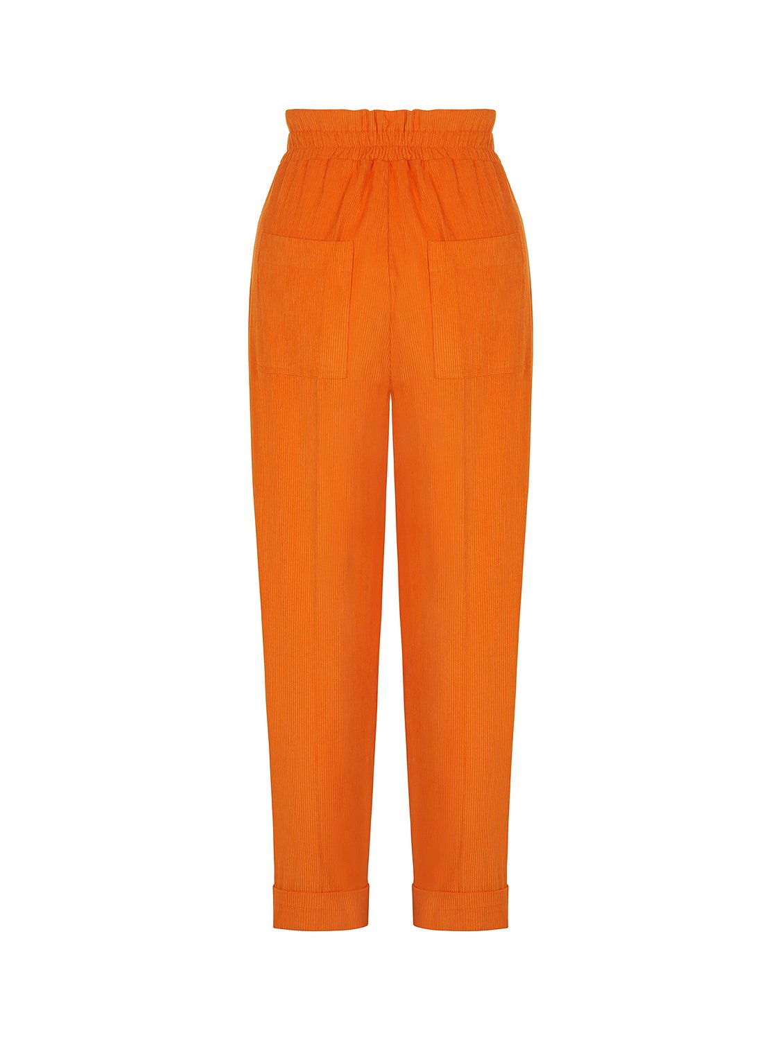 A pair of stylish cuffed corduroy pants in vibrant orange, pink, and blue colors, featuring a high-waisted design and elastic waistband.