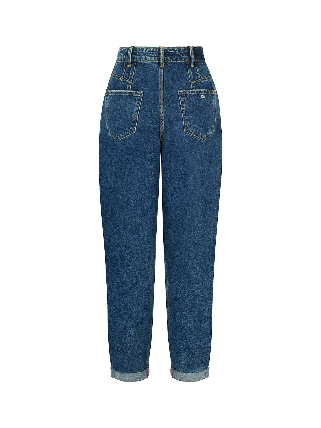 A pair of stylish cuffed hem mom jeans featuring a high-waisted design, front button and zip closure, and practical side and back pockets.