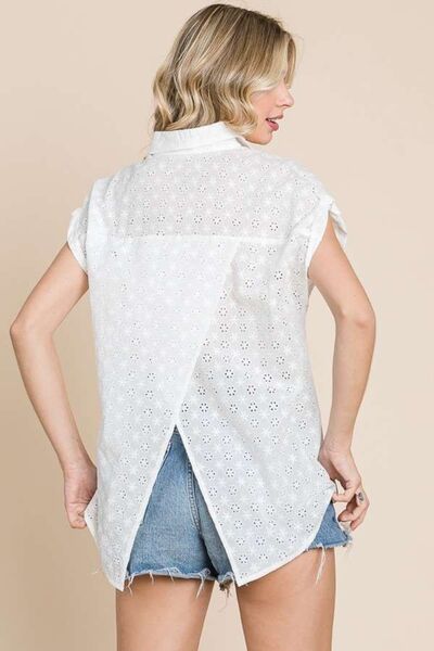 Culture Code Eyelet Crisscross Back Button Up Shirt featuring eyelet detailing and a unique crisscross back design.