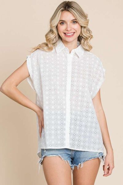 Culture Code Eyelet Crisscross Back Button Up Shirt featuring eyelet detailing and a unique crisscross back design.