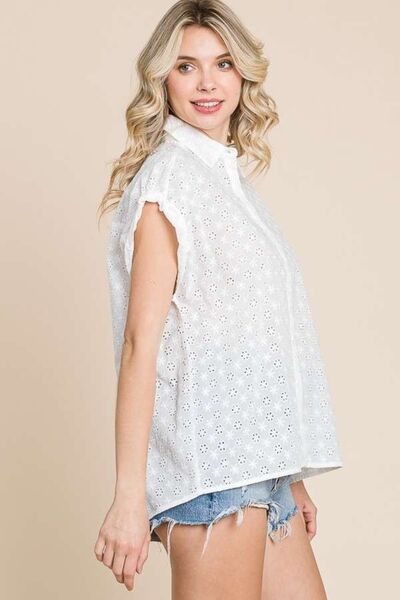 Culture Code Eyelet Crisscross Back Button Up Shirt featuring eyelet detailing and a unique crisscross back design.