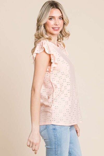 Culture Code Eyelet Round Neck Ruffled Cap Sleeve Top featuring delicate eyelet fabric and playful ruffled cap sleeves.