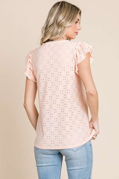 Culture Code Eyelet Round Neck Ruffled Cap Sleeve Top featuring delicate eyelet fabric and playful ruffled cap sleeves.