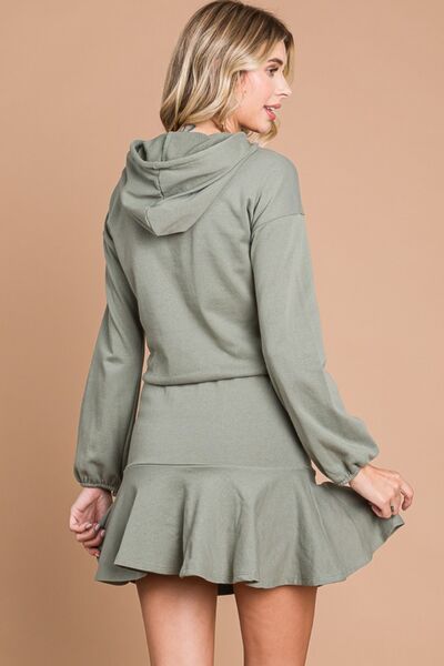 A stylish full-size drawstring hooded mini dress with dropped shoulders, showcasing a relaxed fit and soft fabric.