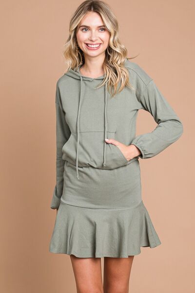 A stylish full-size drawstring hooded mini dress with dropped shoulders, showcasing a relaxed fit and soft fabric.