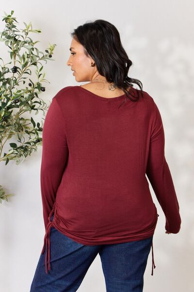 Culture Code Full Size Drawstring Round Neck Long Sleeve Top in a stylish design, featuring adjustable drawstring and long sleeves.