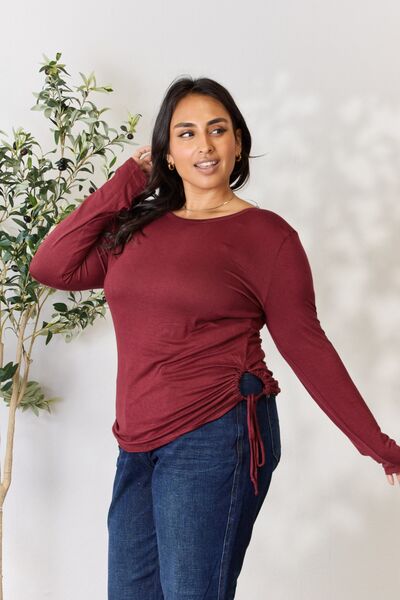 Culture Code Full Size Drawstring Round Neck Long Sleeve Top in a stylish design, featuring adjustable drawstring and long sleeves.