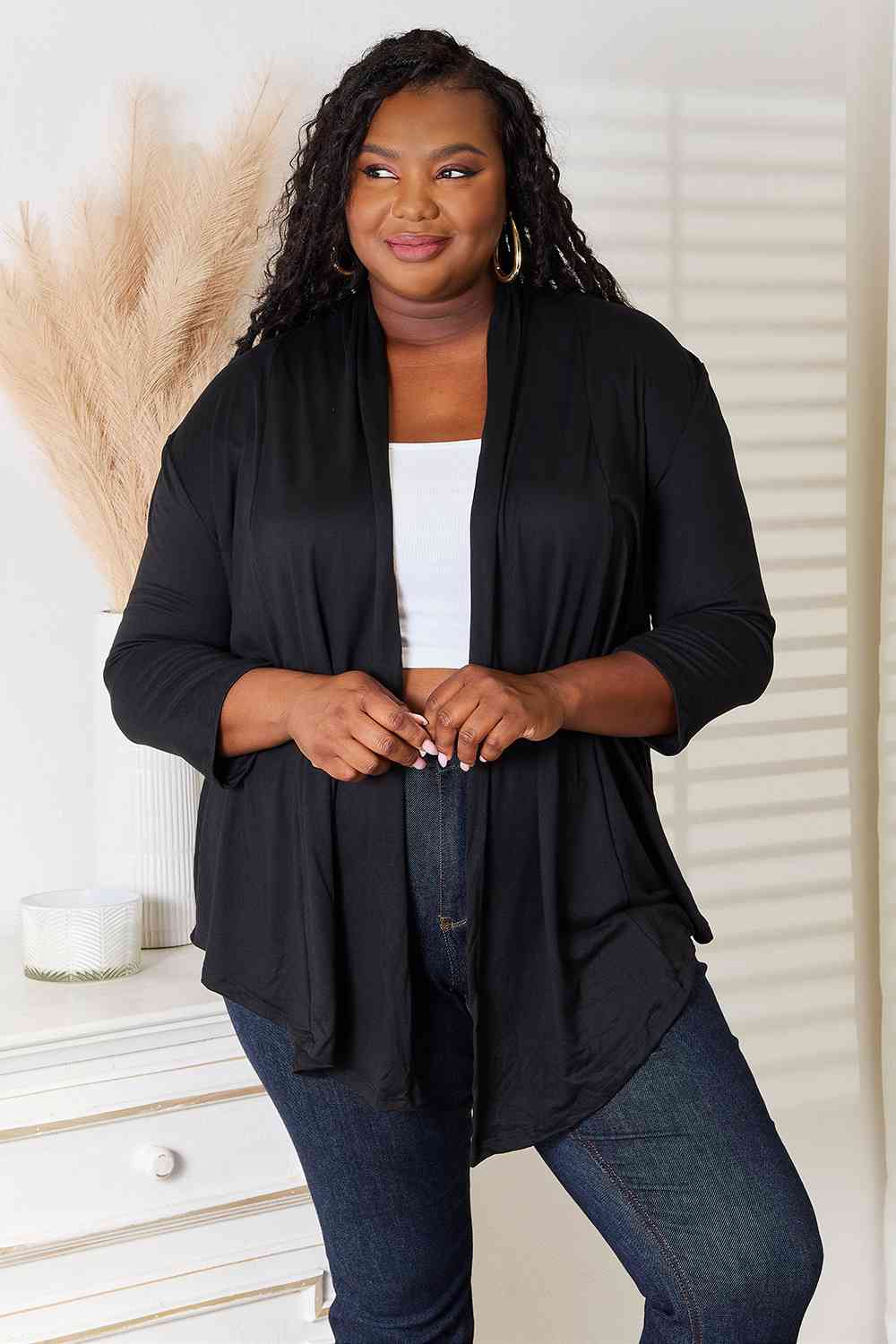 Culture Code Full Size Open Front Cardigan in a stylish draped design, featuring 3/4 sleeves and a soft fabric blend.