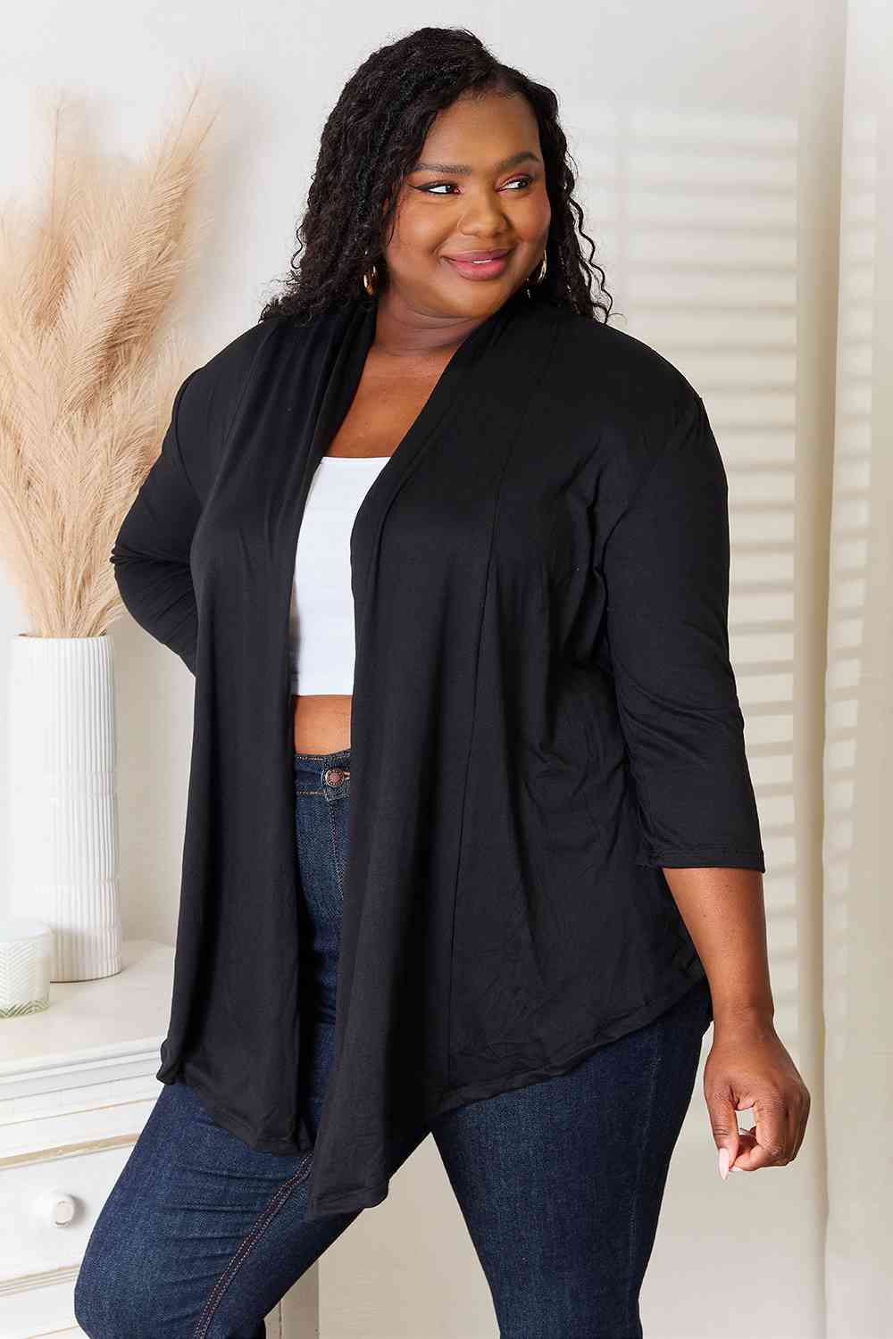 Culture Code Full Size Open Front Cardigan in a stylish draped design, featuring 3/4 sleeves and a soft fabric blend.