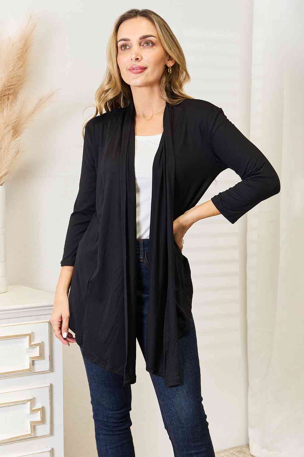 Culture Code Full Size Open Front Cardigan in a stylish draped design, featuring 3/4 sleeves and a soft fabric blend.