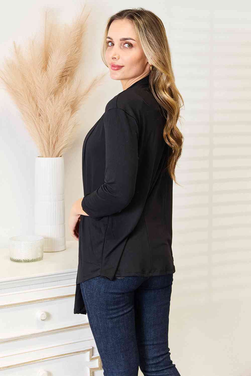 Culture Code Full Size Open Front Cardigan in a stylish draped design, featuring 3/4 sleeves and a soft fabric blend.