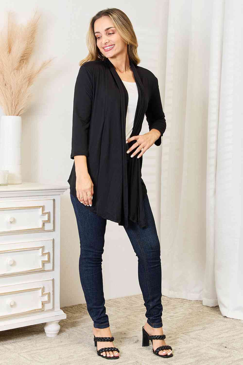 Culture Code Full Size Open Front Cardigan in a stylish draped design, featuring 3/4 sleeves and a soft fabric blend.