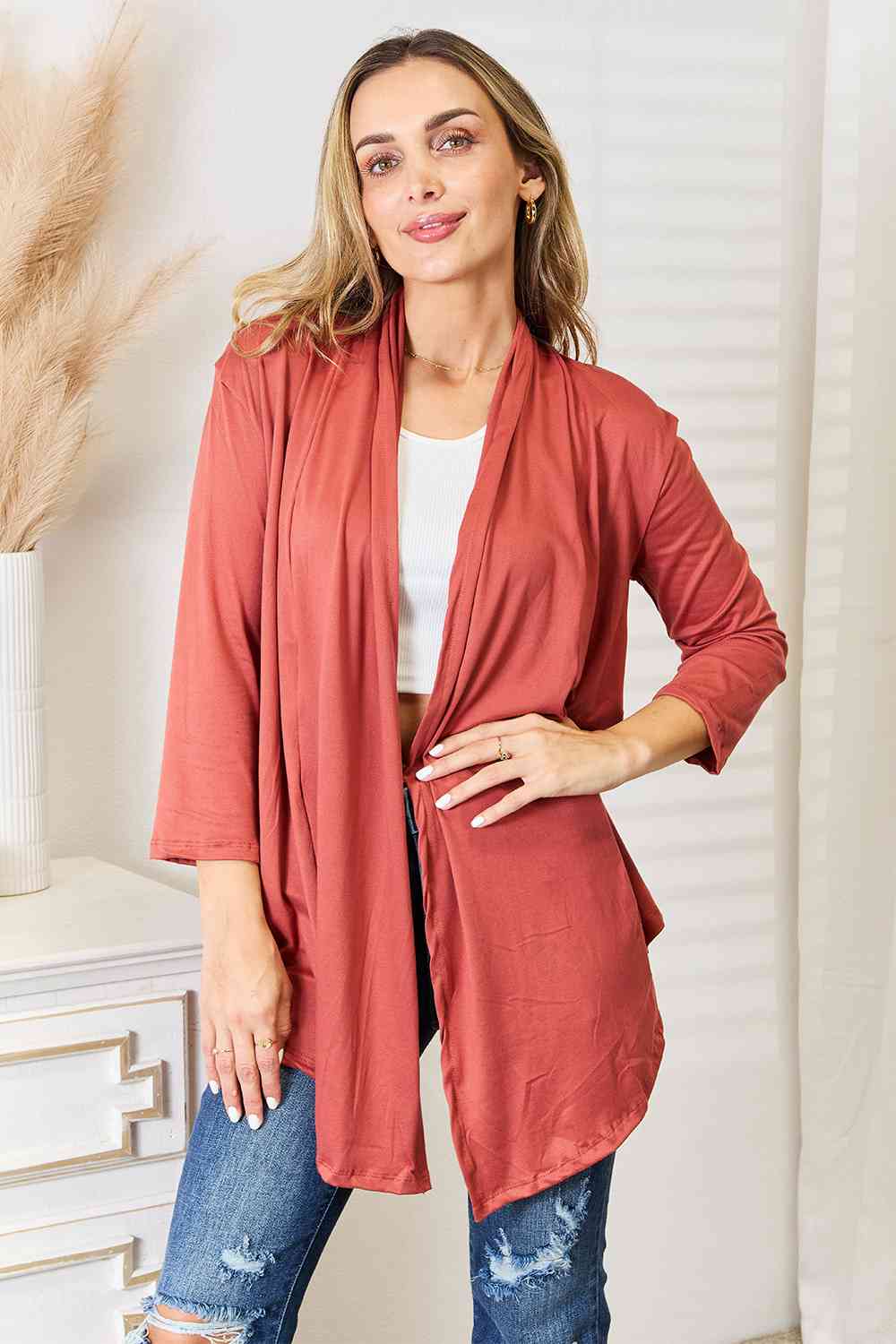 Culture Code Full Size Open Front Cardigan in a stylish draped design, featuring 3/4 sleeves and a soft fabric blend.