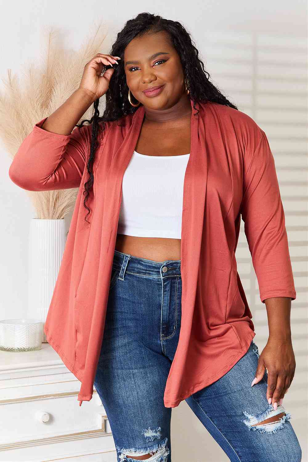 Culture Code Full Size Open Front Cardigan in a stylish draped design, featuring 3/4 sleeves and a soft fabric blend.