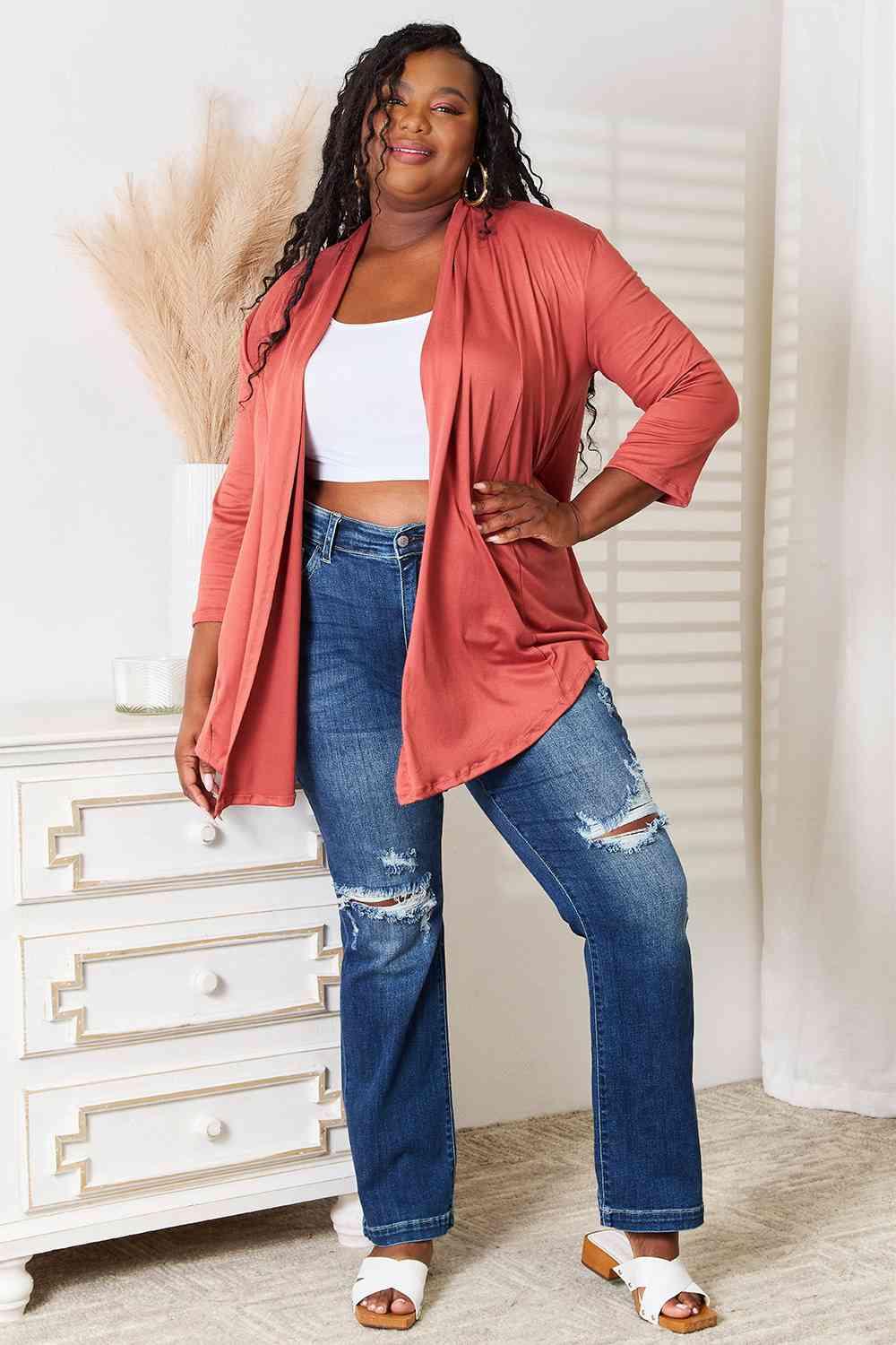 Culture Code Full Size Open Front Cardigan in a stylish draped design, featuring 3/4 sleeves and a soft fabric blend.