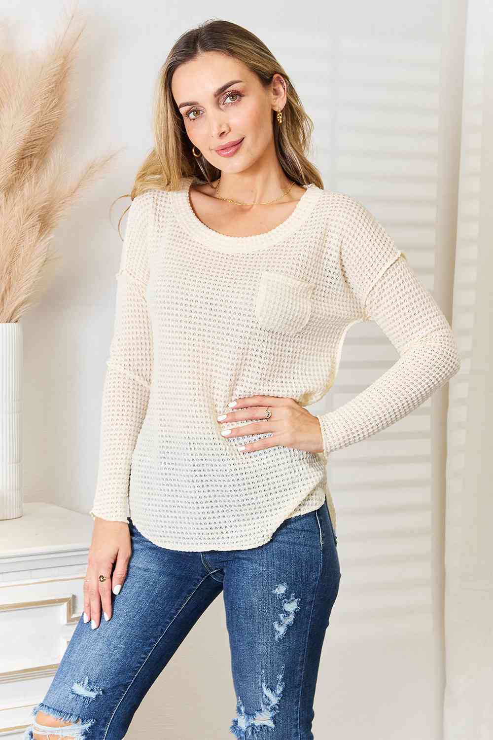 Culture Code Full Size Scoop Neck Patch Pocket Top in a cozy fabric, featuring a scoop neck and stylish patch pocket, perfect for everyday wear.